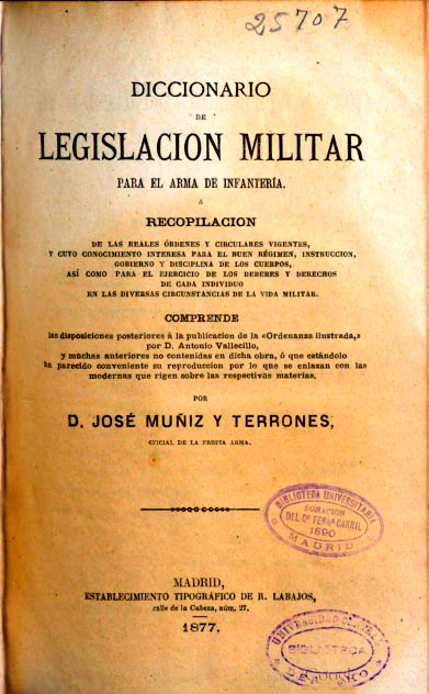 Diccionario de Legislación Militar para el Arma de Infanteria de José Muñisz y Terrones   