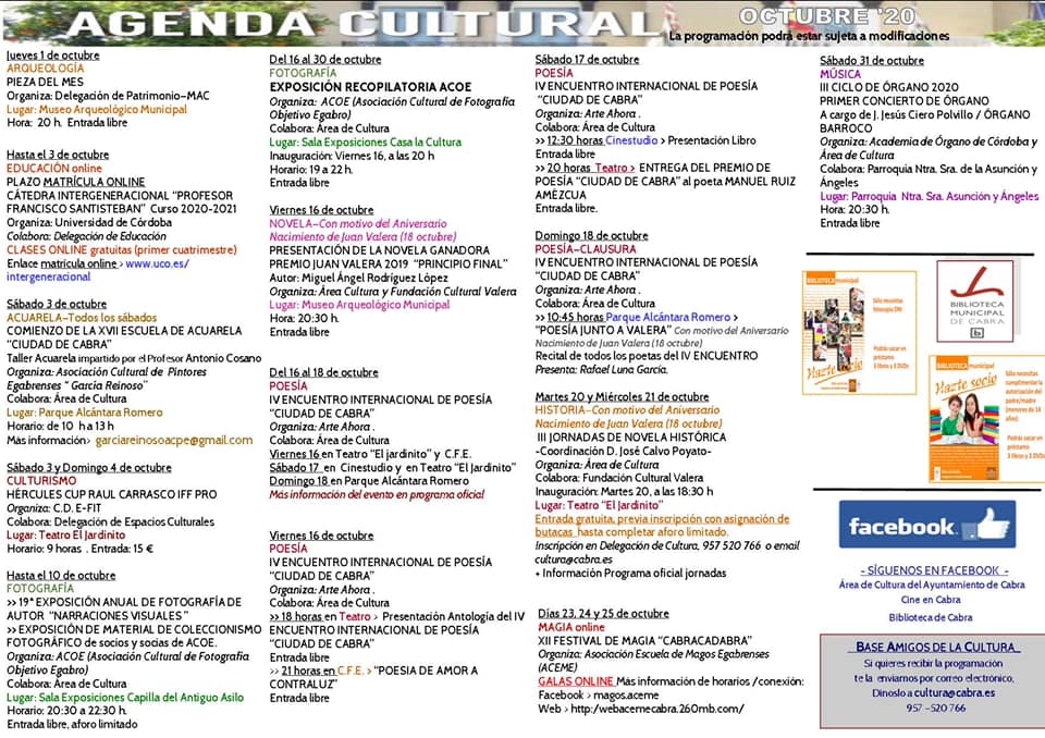 Agenda cultural del Ayuntamiento de Cabra para Octubre 2020
