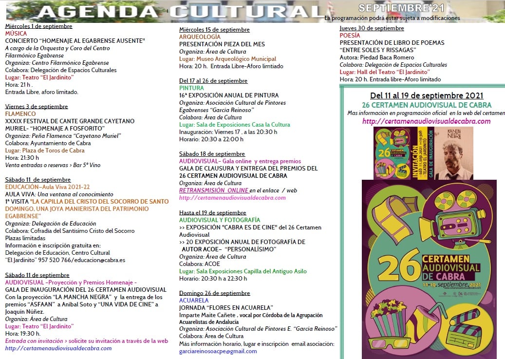 Programa de actividades culturales en Cabra durante el mes de septiembre2021