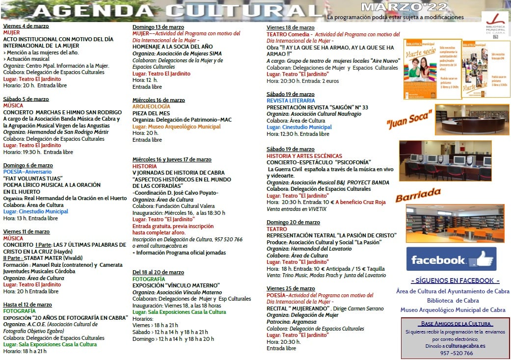 Programa de actividades organizadas por el ayuntamiento de Cabra, marzo 2022