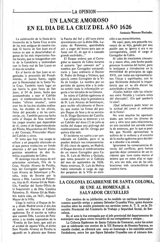 Recopilación de fotos y artículos de «La opinión». Prensa de Cabra de Córdoba